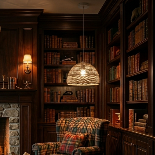 Rattan dome chandelier in warm-toned room with wooden shelves, books and cozy armchair, wall lamp lighting ambient light