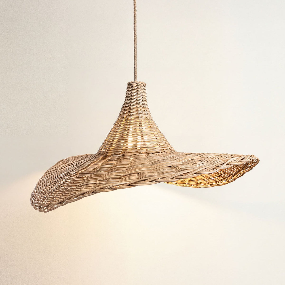 Rattan Pendant Light Rippled Lotus Brim, light on