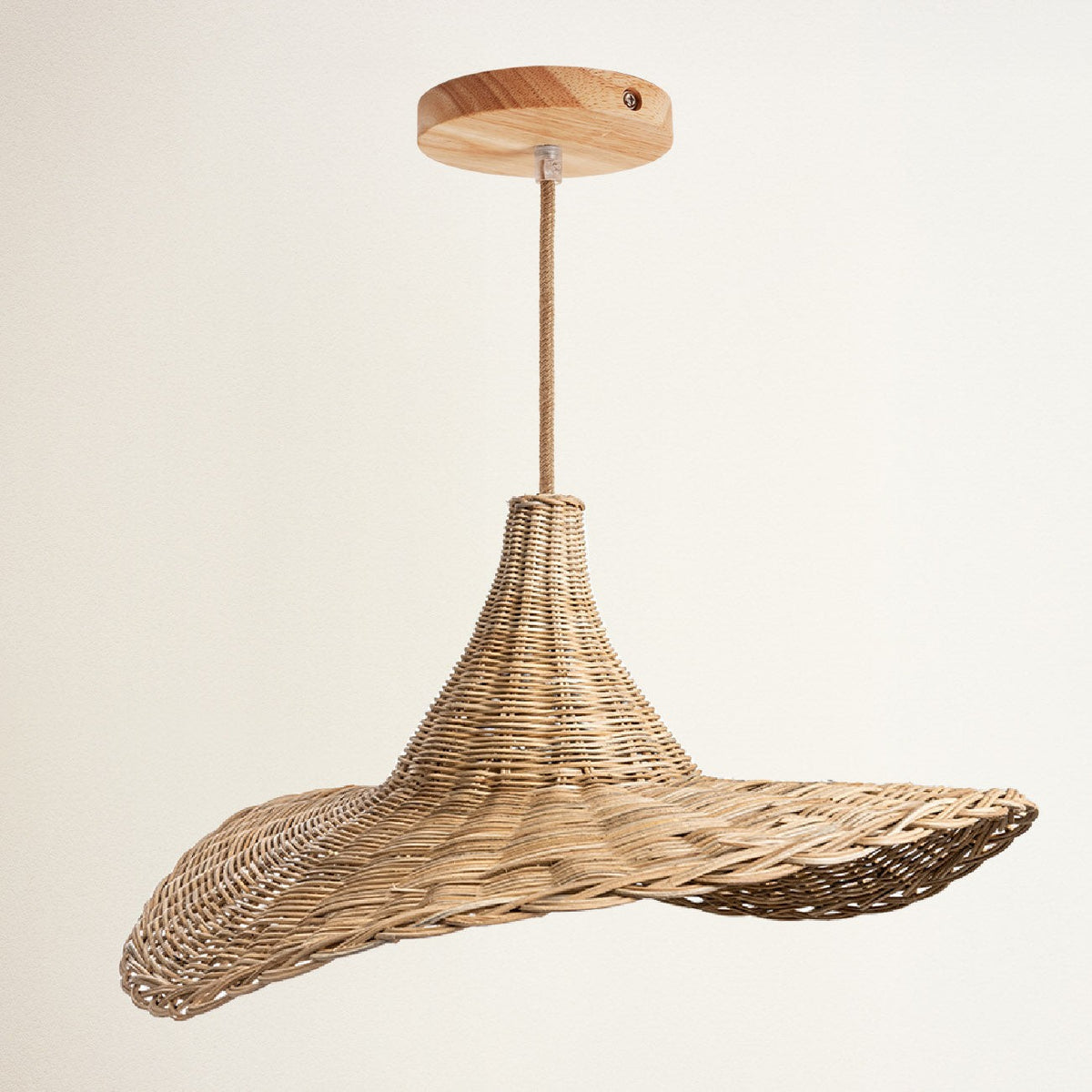 Rattan Pendant Light Rippled Lotus Brim, with wood canopy and natural cord