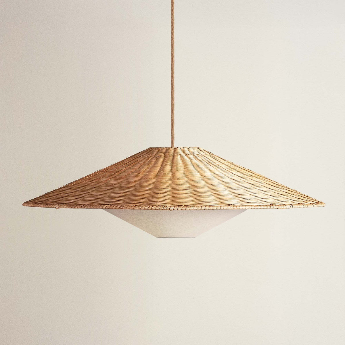 Rattan Pendant Light Wide Cone Over Dome, light off