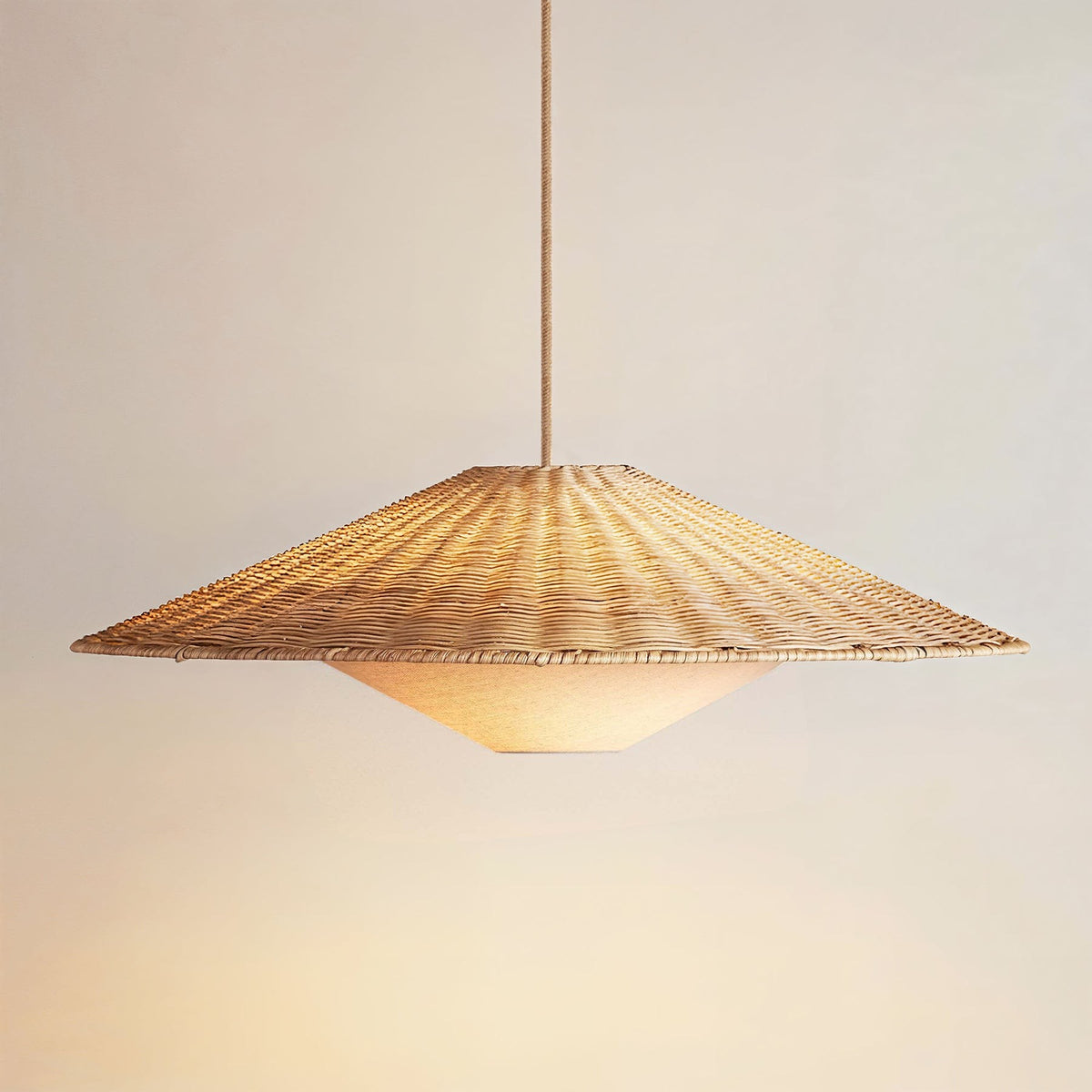 Rattan Pendant Light Wide Cone Over Dome, light on