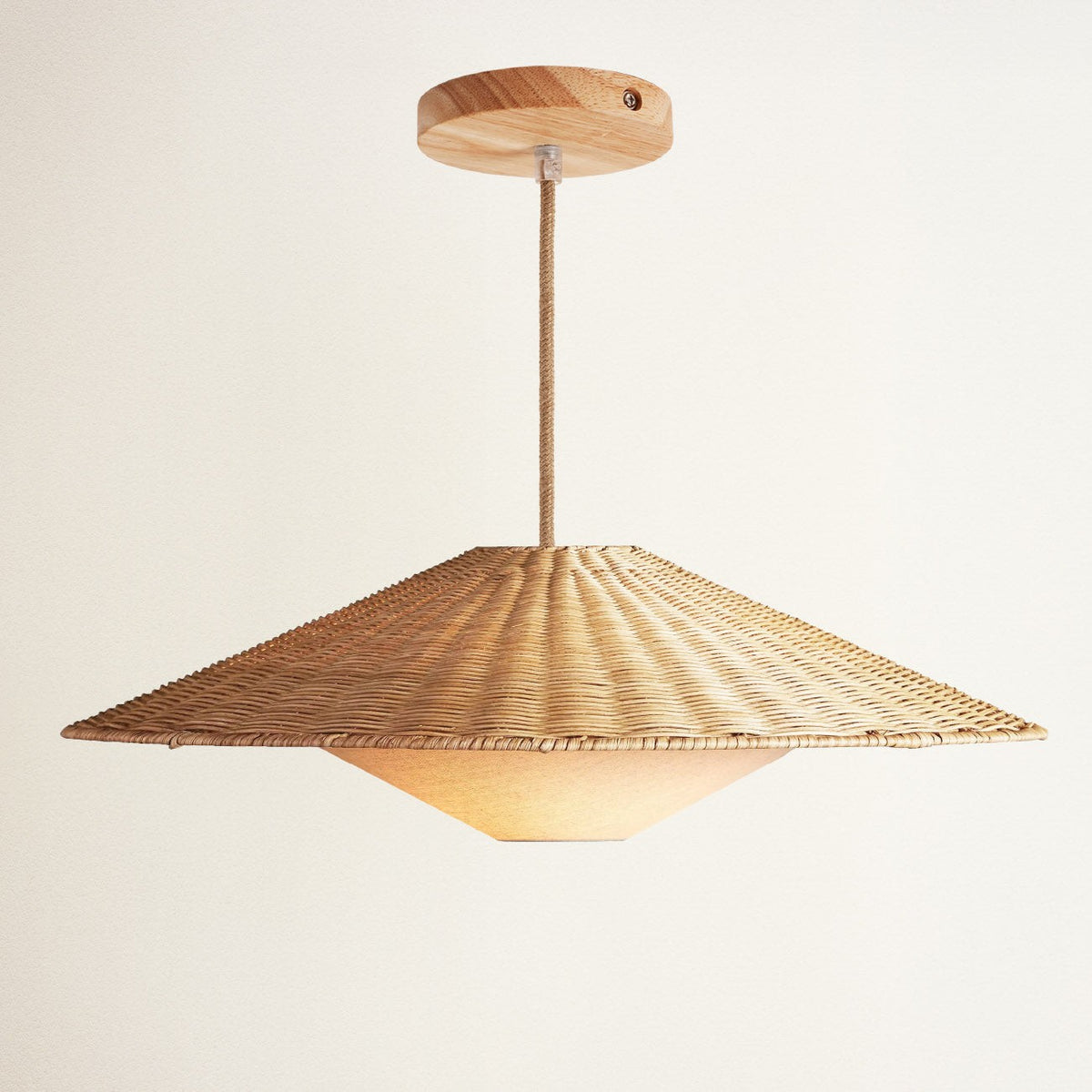 Rattan Pendant Light Wide Cone Over Dome, with wood canopy and natural cord