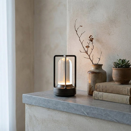 Rechargeable Touch Crystal LED Table Lamp with clear glass and black frame on light gray countertop, adorned with books, vases, and a succulent plant.