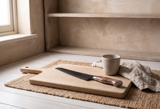 10" Bread Knife on a wooden cutting board with a textured mat, beige wall background.