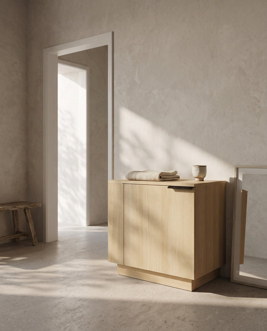 A light wooden vanity with simple design, placed against a plain wall in a natural-lit room.