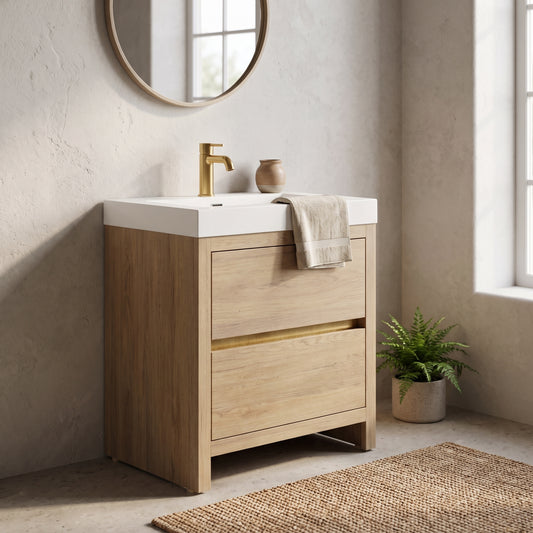 A modern, 24" wall-mounted bathroom vanity with a white top, light oak wood finish and two drawers, topped with a gold faucet and a plant in a pot nearby. Natural light streams in from a window, and a round mirror is above the vanity.