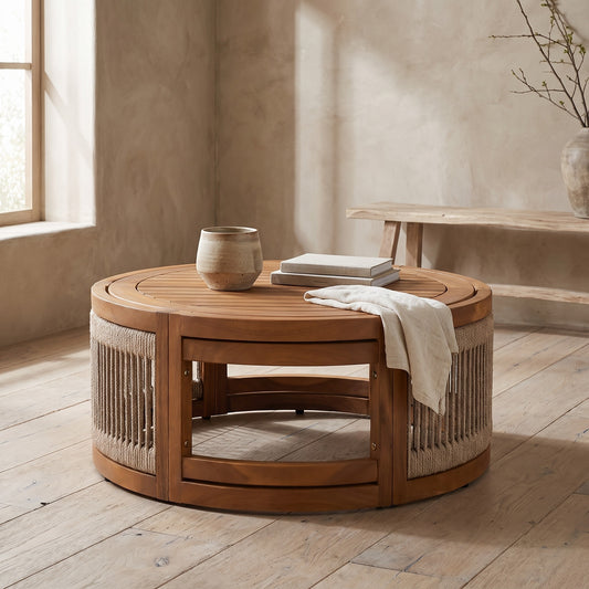 27.95" Acacia wood outdoor coffee table with handwoven rope accents, featuring a natural finish. It is displayed in a minimalist room with neutral walls and wooden floor.