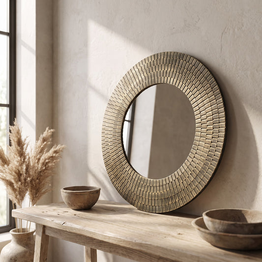 A 29.5'' round gold and black wooden accent mirror with woven texture on a textured wall. A rustic wooden console table with bowls and straw decor is below.
