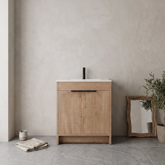 Wooden 30" bathroom vanity with integrated sink, placed against a neutral wall in a modern setting.