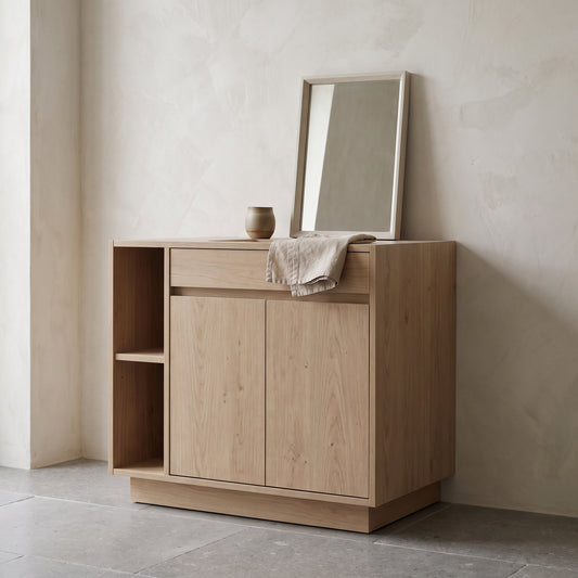 30-inch wooden bathroom vanity with open shelf and doors, natural finish, brown cloth, neutral wall background
