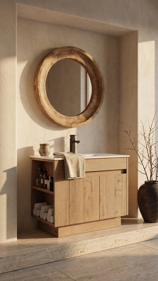 30" Wall-Mounted Bathroom Vanity with natural wood finish, marble countertop, and open shelves for towels. A round wooden mirror hangs above.