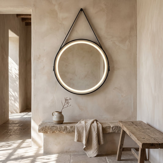 A round, modern LED bathroom vanity mirror hanging on a textured wall, resting on a rustic stone bench with a wooden chair nearby