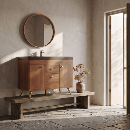 36” Wooden vanity with sintered stone top, brown finish, in a minimalist bathroom setting