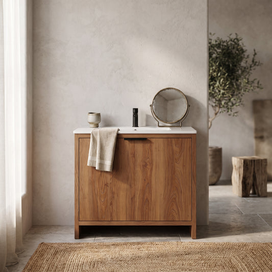 36" wood wall-mounted bathroom vanity with white sink and towel hanging, minimalist decor