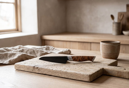 A wooden cutting board with a 4" paring knife and a rustic kitchen setup in the background with a cup and utensils.
