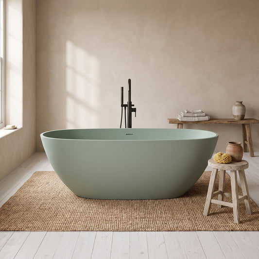 Matte green freestanding bathtub in a serene bathroom setting with a natural rug and wooden stool, minimalistic design.