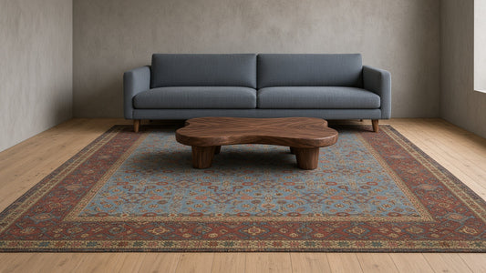 A blue sofa sits on a large antique rug with a floral pattern in a rustic room, with a wooden coffee table in front of it.
