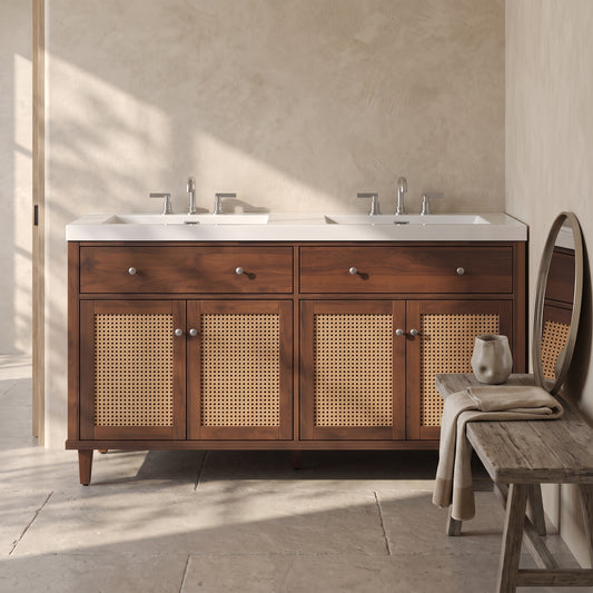 60 Inch Bathroom Vanity with wooden finish and woven doors, double sinks, natural light, minimal background.