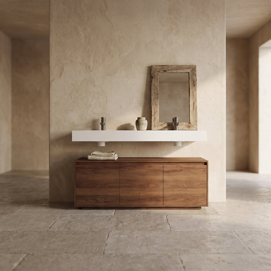 60 Inch Wall-Mounted Bathroom Vanity with Resin Sink - Brown Ebony, modern wood cabinet, white countertop, rustic mirror, neutral tones interior,