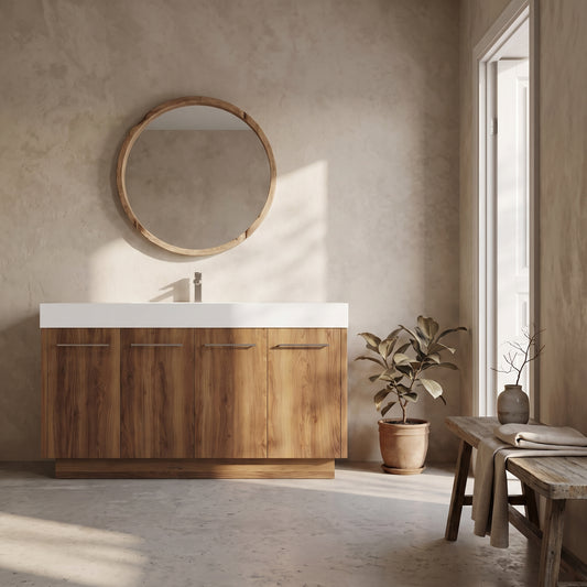 Wooden wall-mounted vanity with white countertop, round mirror, potted plant, wooden bench with a cloth, concrete floor, large window, neutral wall.
