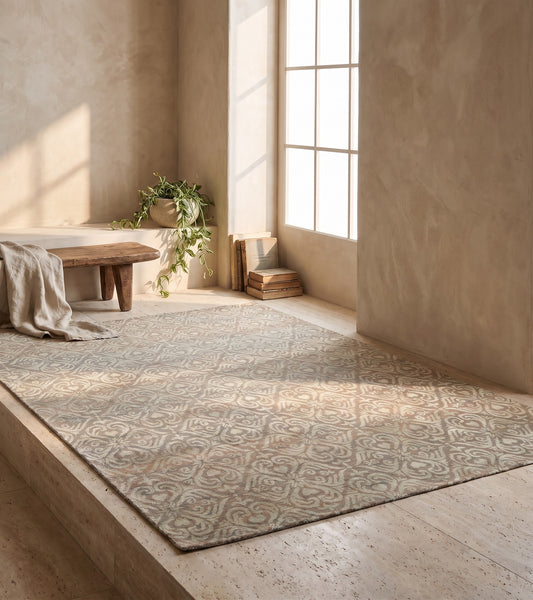 A large 6x9 area rug with a beige and floral pattern in a minimalist room with concrete floors and simple decor. No people.