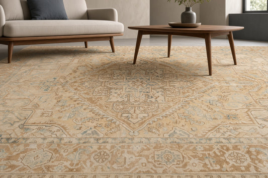 7x11 Vintage Distressed Heriz Carpet, wool, beige with intricate blue patterns, modern living room setting