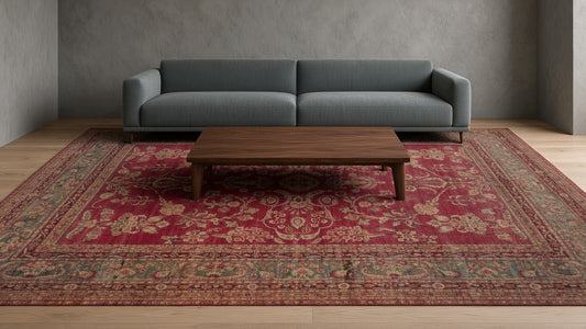 Red and gold patterned rug with a wooden sofa and coffee table in a minimalist setting