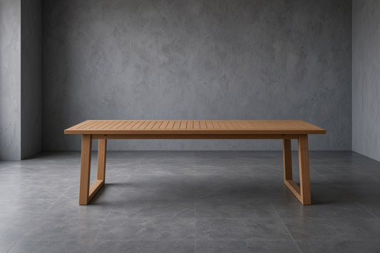 A rectangular teak dining table with simple legs, positioned in an empty room with gray concrete walls and flooring.