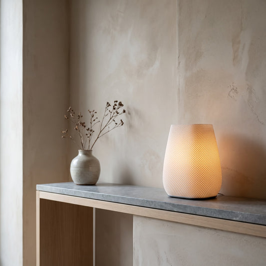 Amber Nest Table Lamp in textured, light-colored material, illuminated, placed on a wooden and concrete counter with a dried floral arrangement beside it. Neutrally colored wall and window in the background.