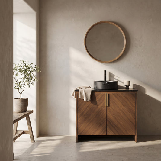 30" bathroom vanity made of plywood with black countertop and sink; wall-mounted with a circular mirror above; minimalistic decor including a plant on a small wooden stand to the side.
