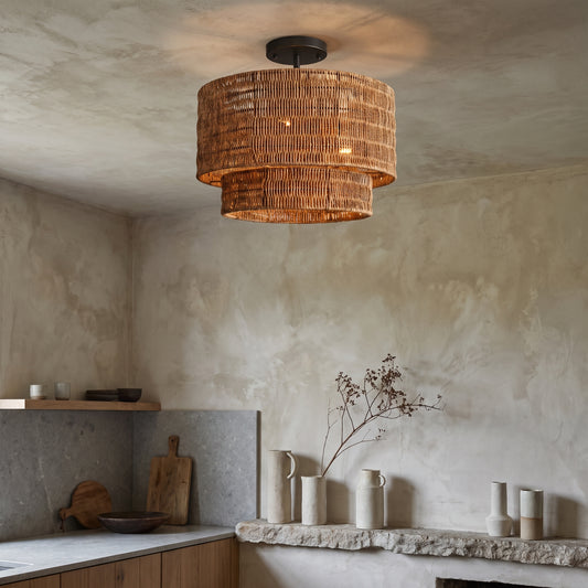 Artisan double-tiered woven ceiling light with a dark metal base