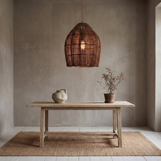 Sculptural wicker pendant lamp above a wooden table with a vase and potted plant, neutral tones.