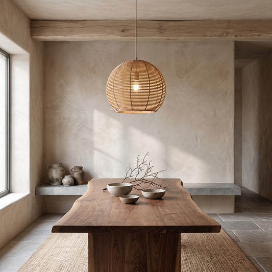 Rattan chandelier hanging above a wood table with bowls and a branch on it, against a simple backdrop with a window on the left