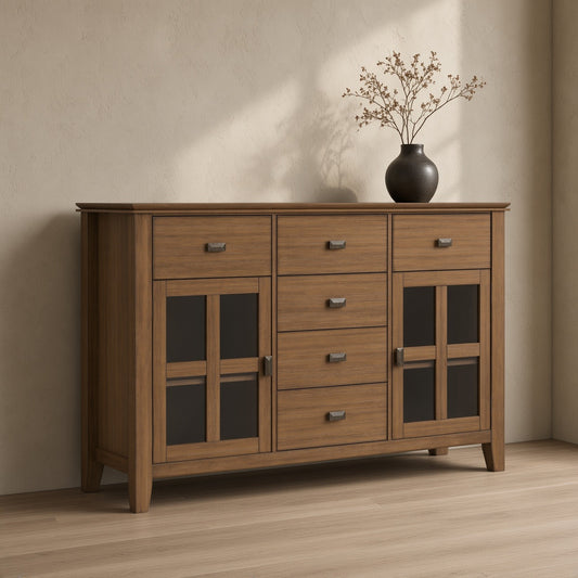 Rustic brown wooden sideboard with glass doors and three drawers.