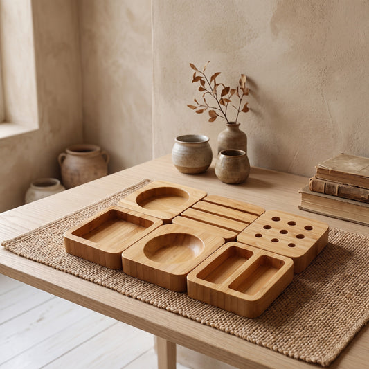 Bamboo desktop organizer blocks on a wooden table with a woven placemat, surrounded by pottery and books.