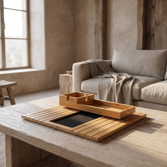 Bamboo sofa armrest tray with a removable organizer on a coffee table in a minimalist living room.
