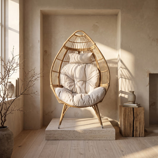 Teardrop-shaped wicker basket chair with linen cushion, placed on a small stone pedestal in a minimalist room with light wooden floor and plain walls.