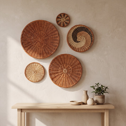 Set of wicker baskets hanging on a wall, varying sizes, beige backdrop with a small console table below, light wooden finish with earth-toned accessories.
