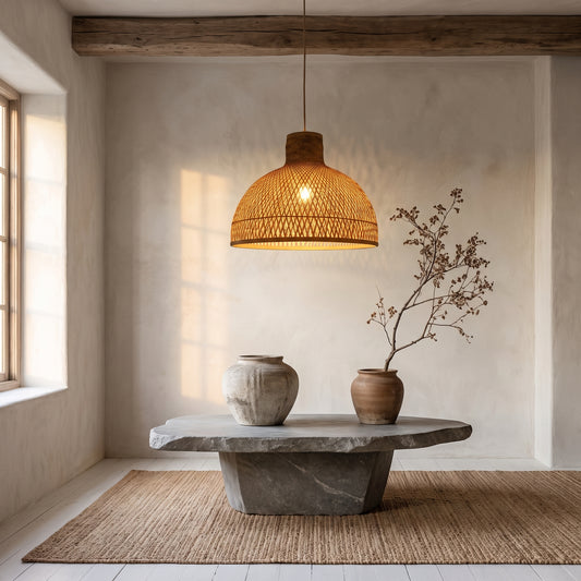 A hanging wicker light fixture over a stone table with vases and branches. The room has light-colored walls and a wooden ceiling beam.