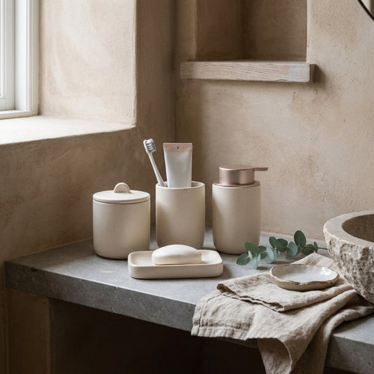 A beige ceramic bathroom set on a concrete countertop in a rustic bathroom setting.