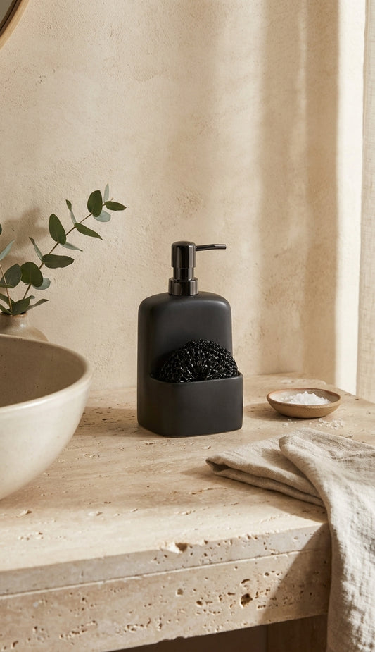 Black ceramic soap dispenser with sponge holder on a rustic beige shelf.