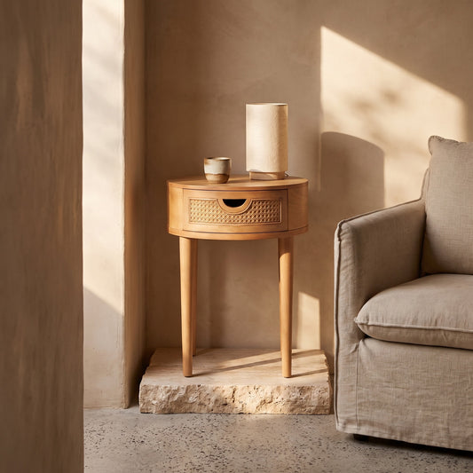Round cane storage side table with natural finish, featuring a drawer and a beige couch in the background.