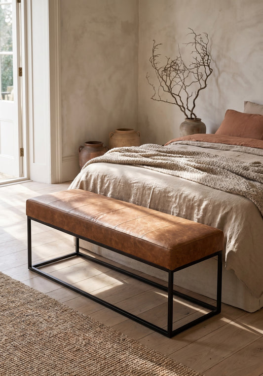 Candice Ottoman Bench with leather seat and metal frame, tan and black in front of a bed in a minimally decorated room.