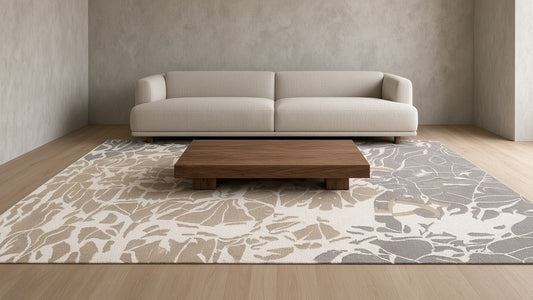 Modern sofa on patterned rug in minimal interior with concrete walls.