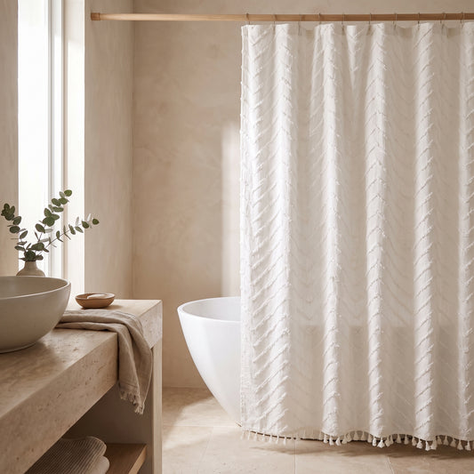 Tufted, white curtain with diagonal lines and tassels in a minimalist bathroom setting