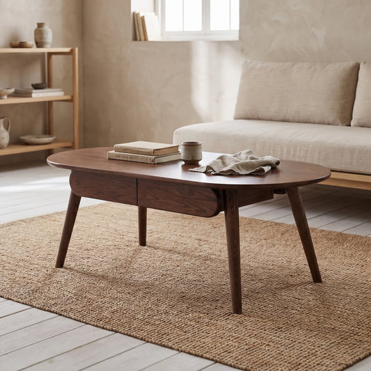 Oval-shaped coffee table made of dark wood with visible grain, placed on a jute rug in a minimalist living room setting.