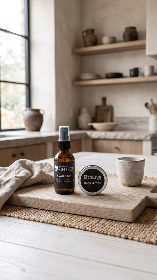 Steelport Knife Care Kit with a spray bottle of Blade Oil and a tin of Handle Wax on a wooden cutting board with a cloth and a cup in the background.