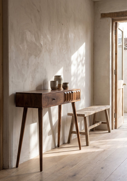 A simple chestnut Prism Console Table with drawers and a bench, set in a minimalist room with natural light