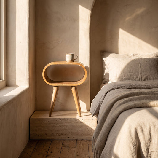 A wooden bedside table with a circular cut-out and three legs, placed in a minimalist bedroom with sunlight streaming in