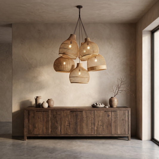 Cluster of 5 wicker pendant lights hanging over a wooden cabinet with decorative vases and rocks on top in a minimalistic room with neutral colors and a window